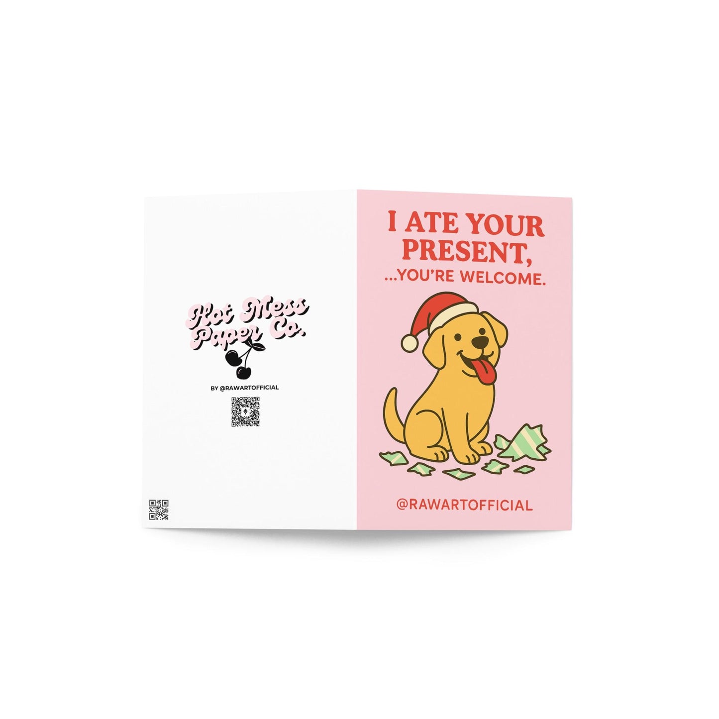 Cute yellow Lab Christmas card sitting with torn wrapping paper on pink background.