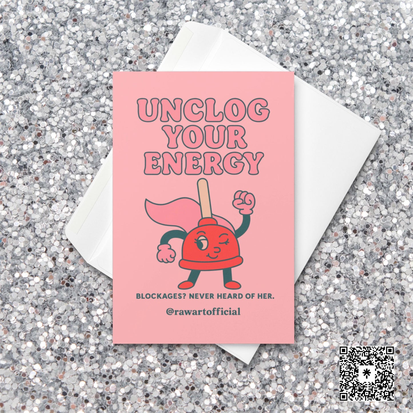 Retro comic card of a winking red plunger with text “Unclog Your Energy.”