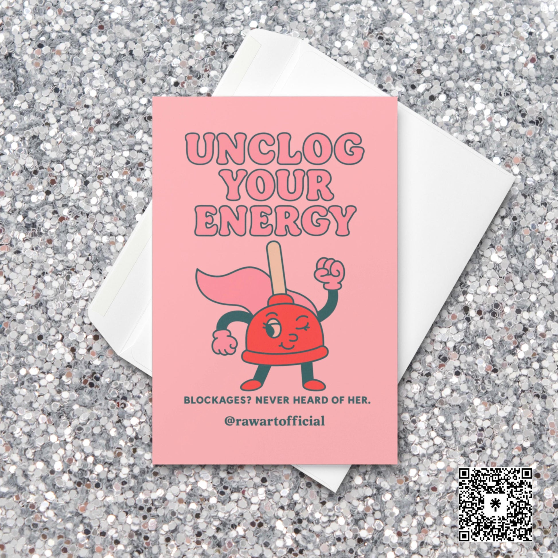 Retro comic card of a winking red plunger with text “Unclog Your Energy.”