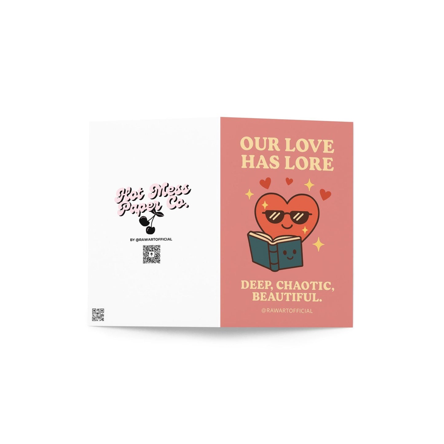 Cute heart reading a book with romantic “Our Love Has Lore” message on pink background.