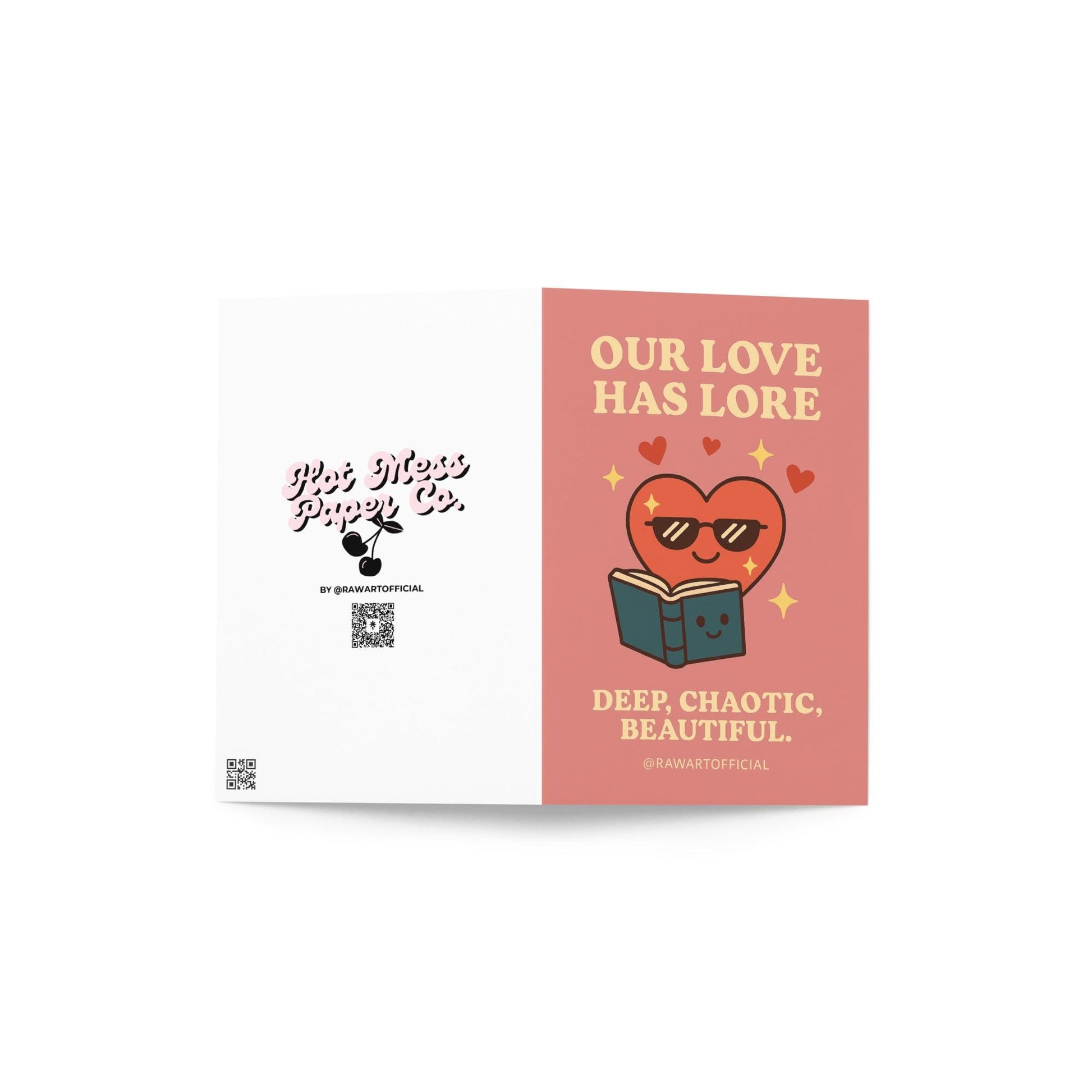 Cute heart reading a book with romantic “Our Love Has Lore” message on pink background.