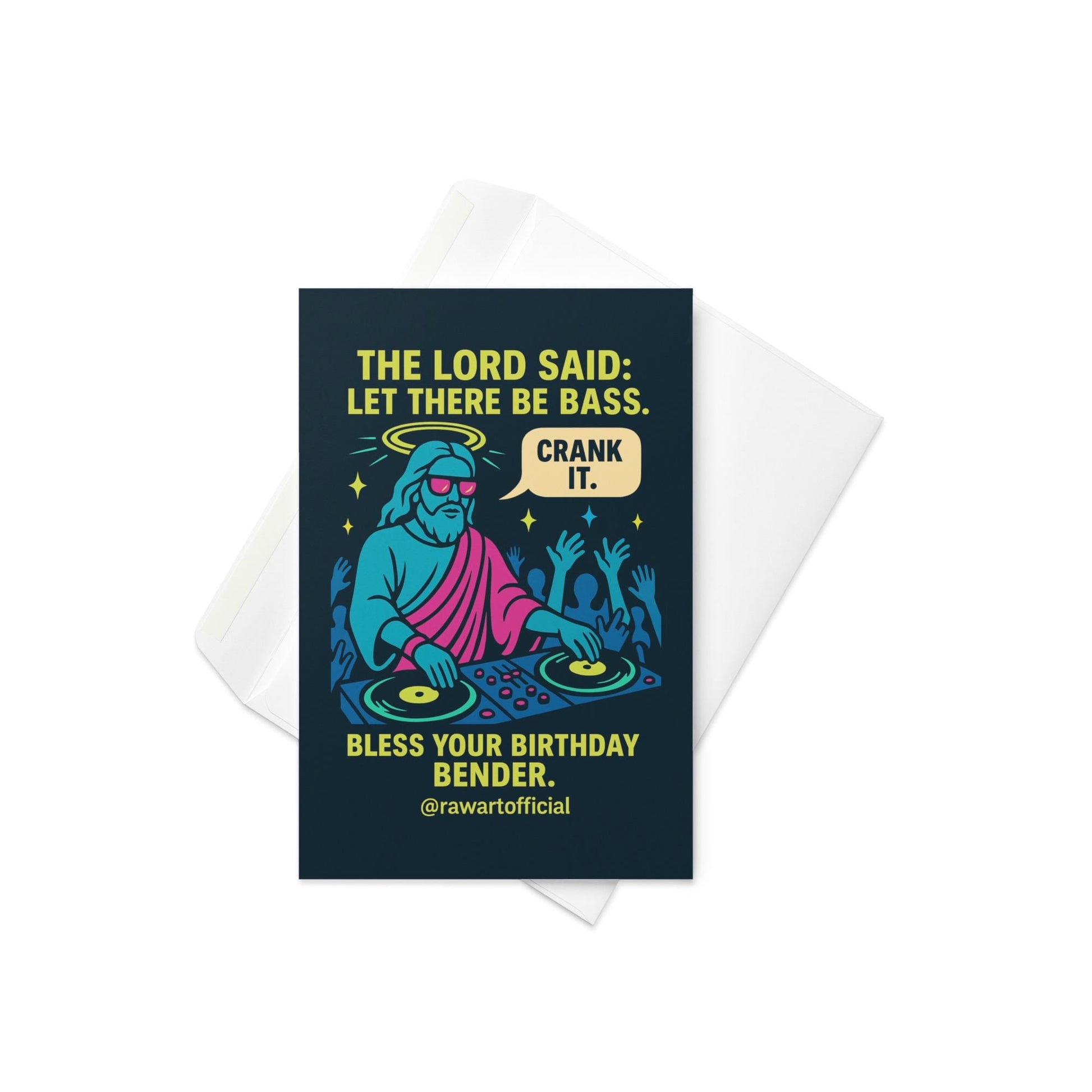 Funny DJ Jesus rave birthday card with neon colors, bass humor, and dancing crowd.