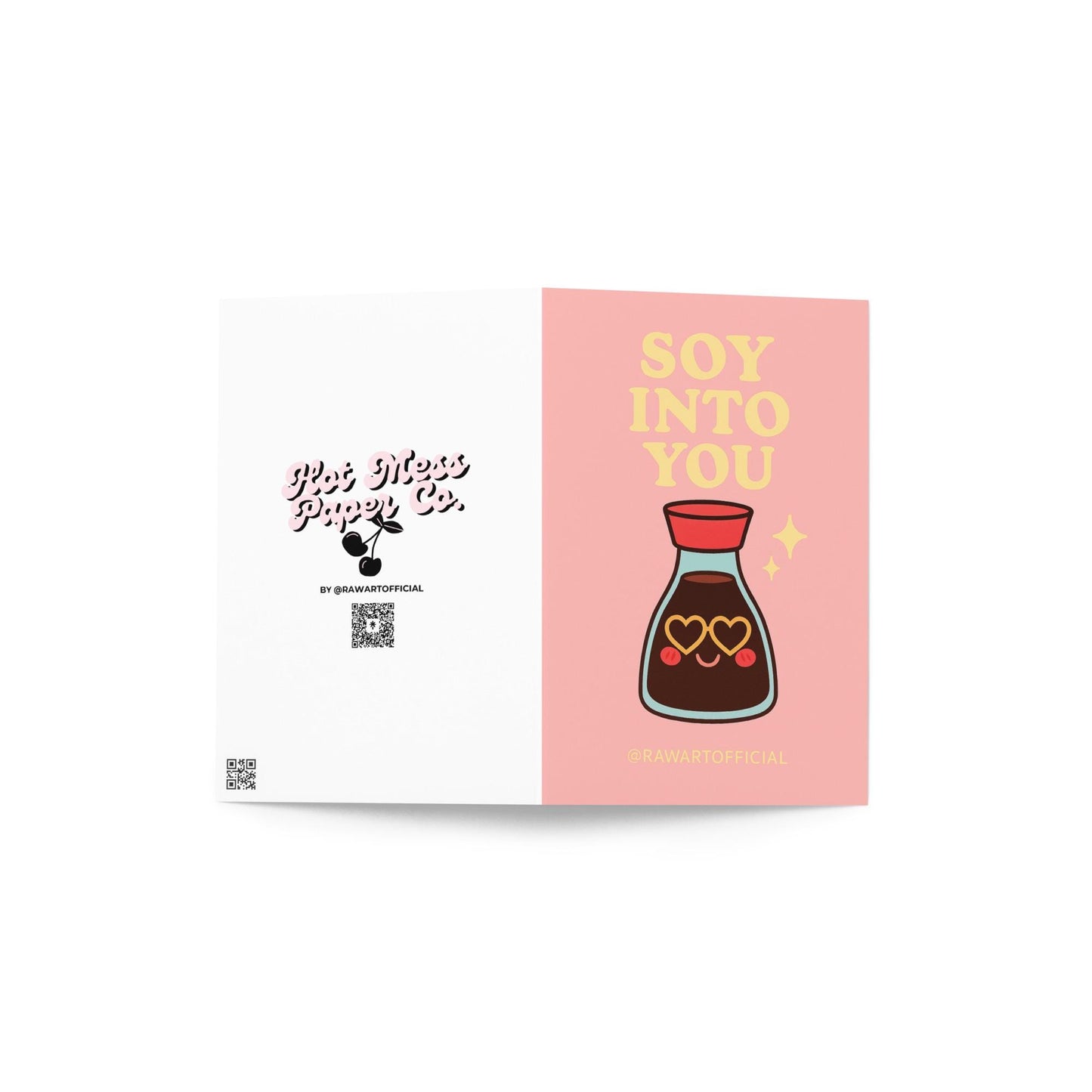 Cute soy sauce bottle with heart-shaped sunglasses under text reading “Soy Into You” on pink background.