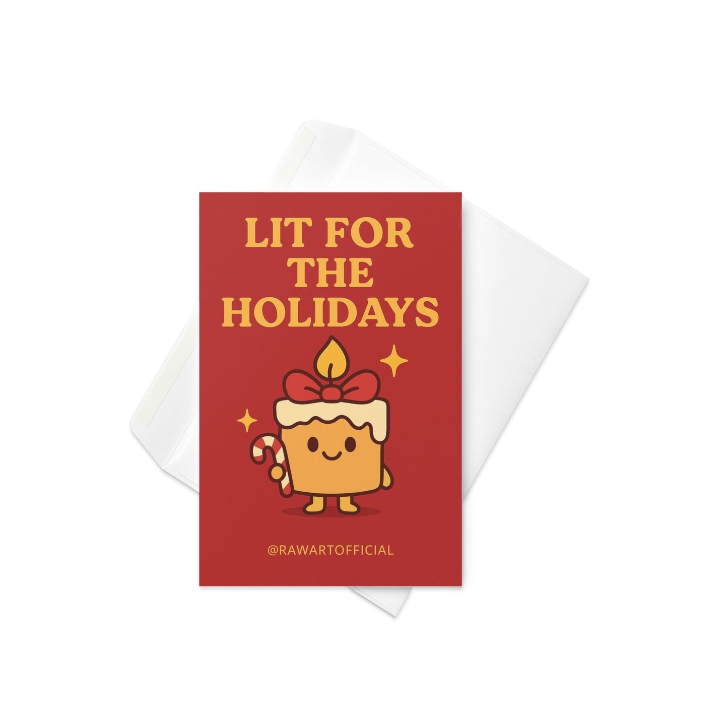 Cute smiling candle with flame and bow holding candy cane under text “Lit for the Holidays.”