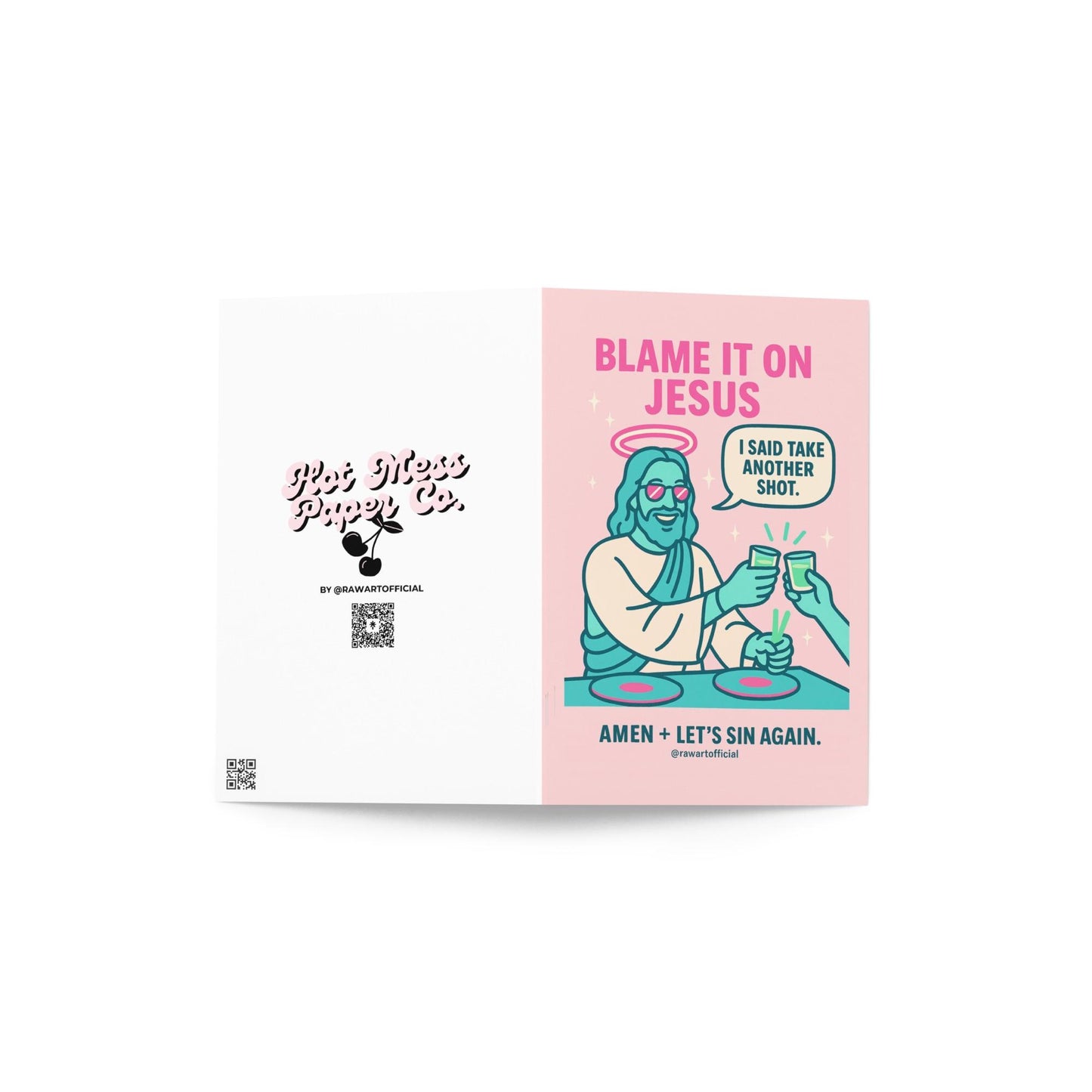 Funny Jesus party birthday card taking shots with neon colors and playful drinking humor.