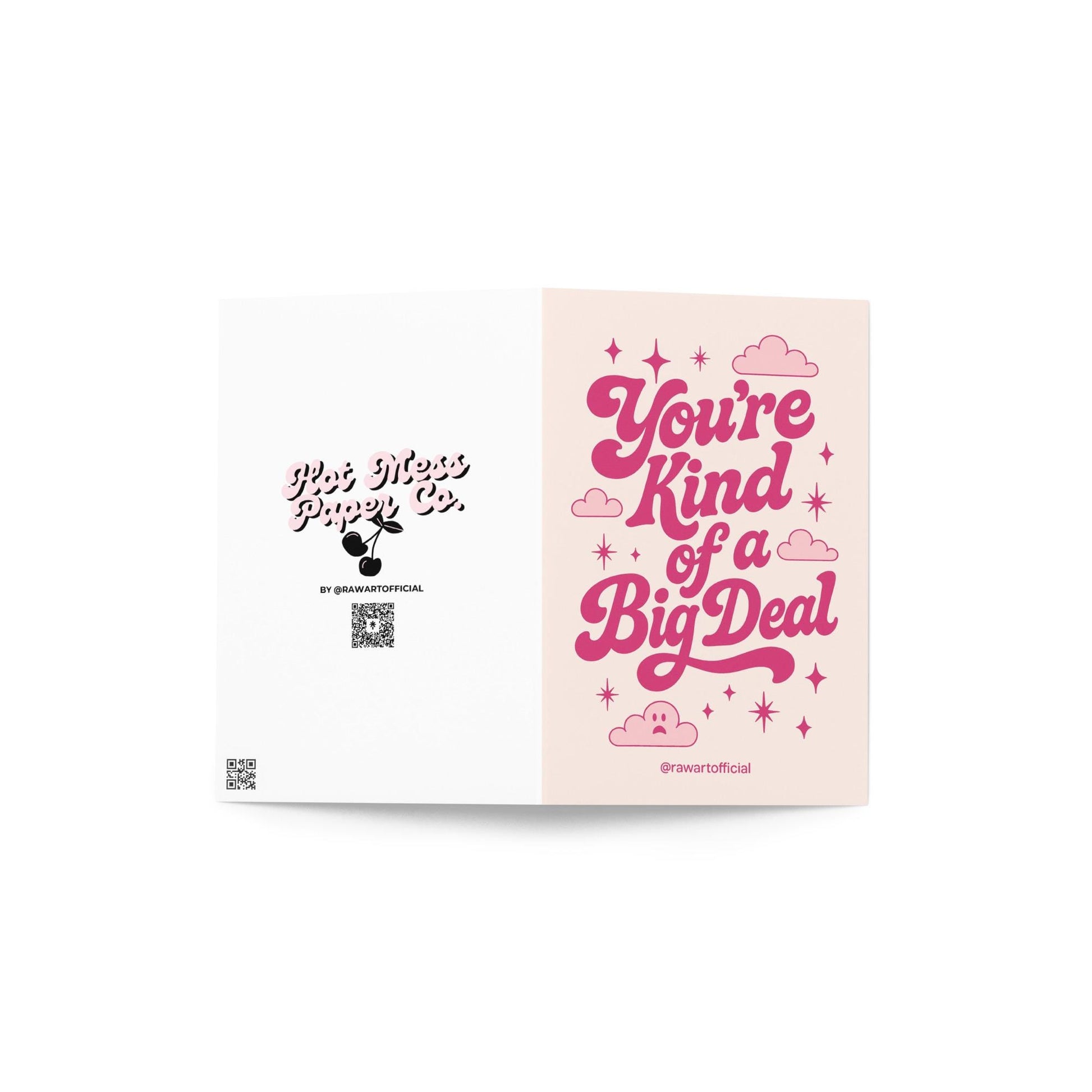 Cream card with pink retro text reading “You’re Kind of a Big Deal” surrounded by sparkly stars and cute clouds.