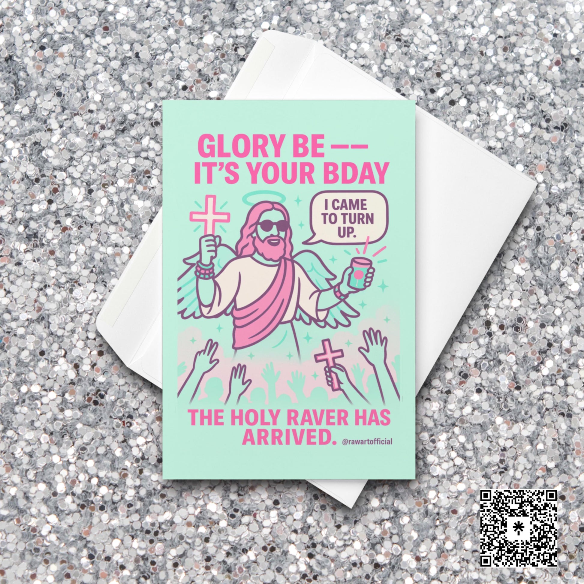 Funny neon Jesus birthday card saying “I came to turn up” with festival crowd.