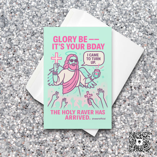 Funny neon Jesus birthday card saying “I came to turn up” with festival crowd.
