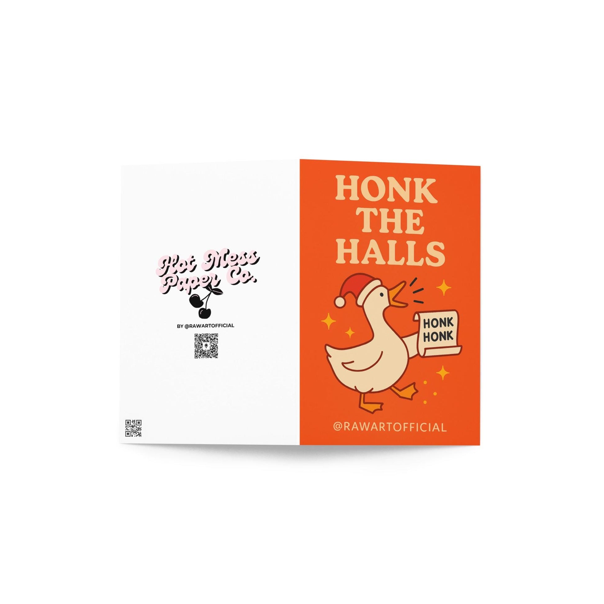 Cute goose wearing Santa hat holding a “Honk Honk” scroll with text “Honk the Halls.”