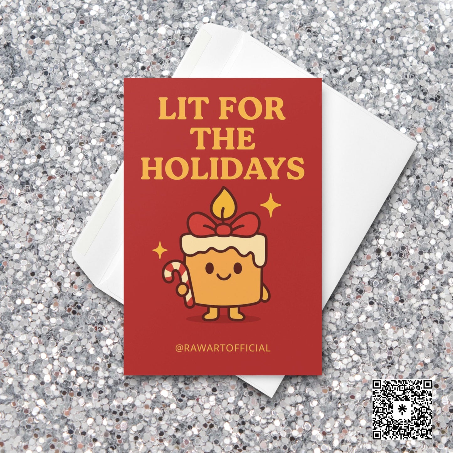 Cute smiling candle with flame and bow holding candy cane under text “Lit for the Holidays.”