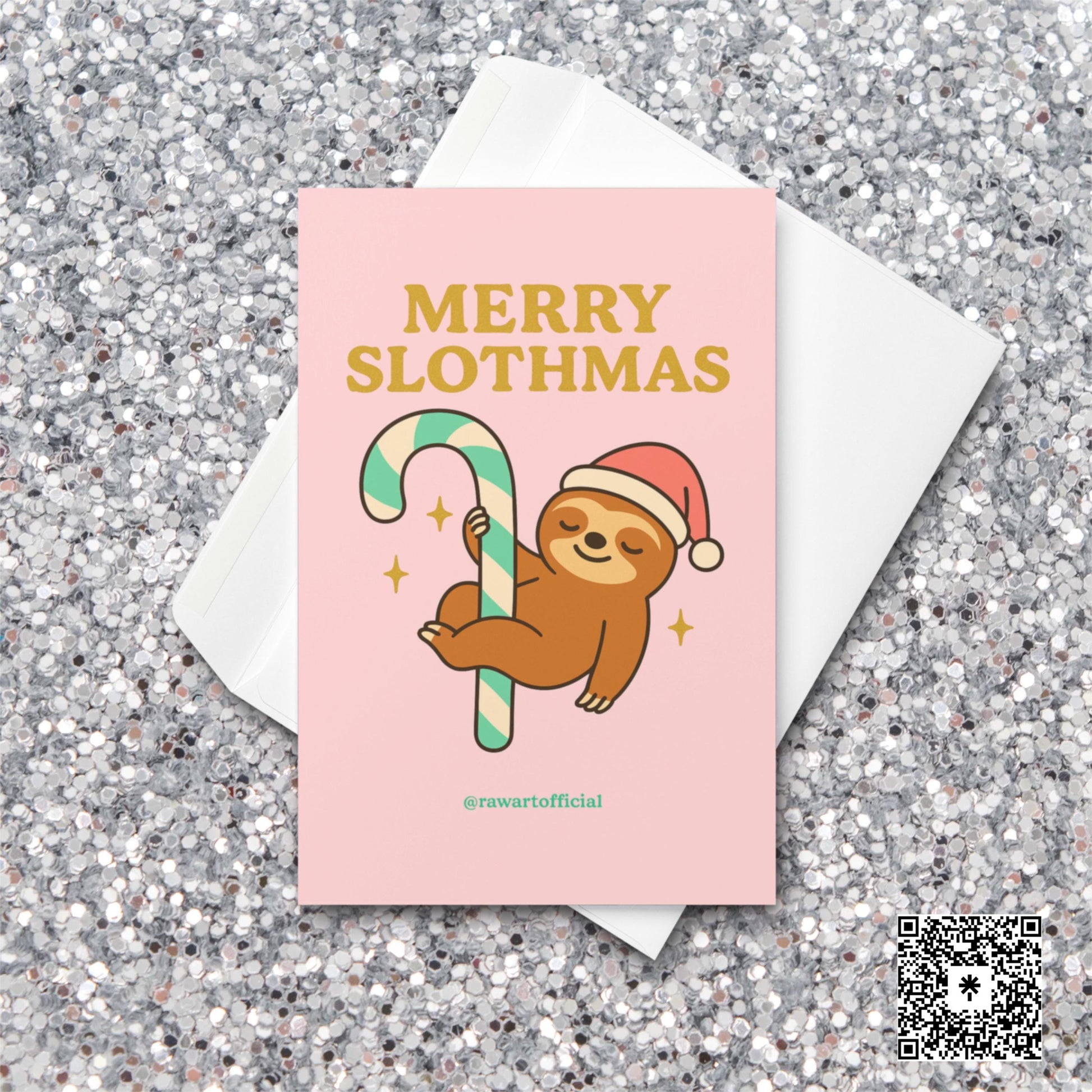 Cute sloth in a Santa hat hanging from a mint-striped candy cane with gold sparkles and “Merry Slothmas” text on a pink background.