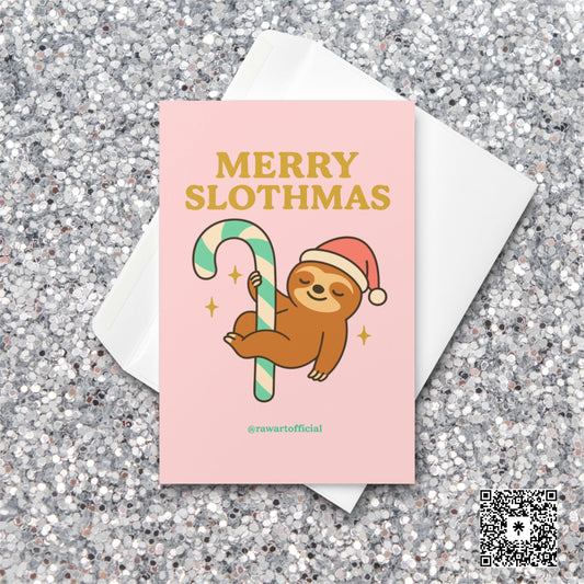 Cute sloth in a Santa hat hanging from a mint-striped candy cane with gold sparkles and “Merry Slothmas” text on a pink background.
