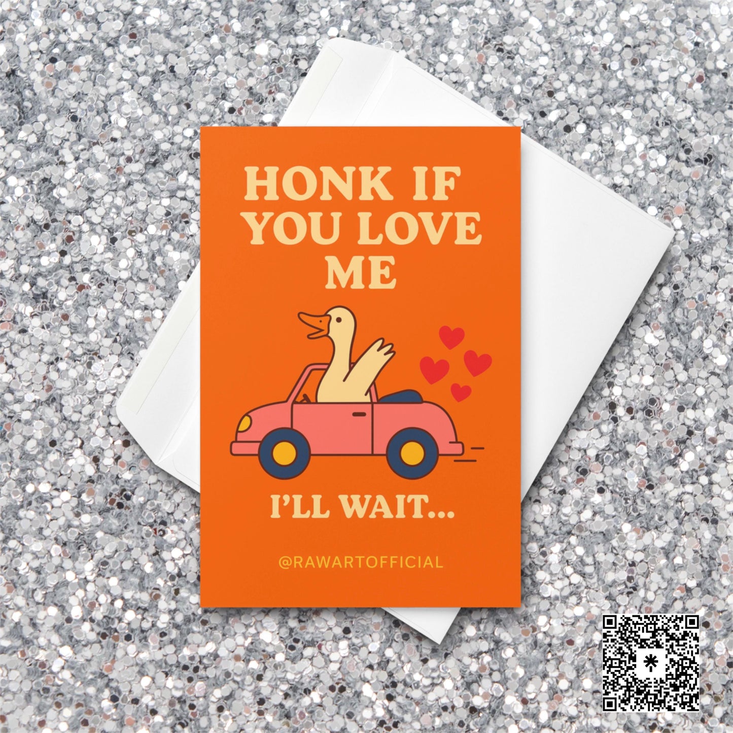 Cute goose riding in a pink car with hearts and text “Honk If You Love Me.”