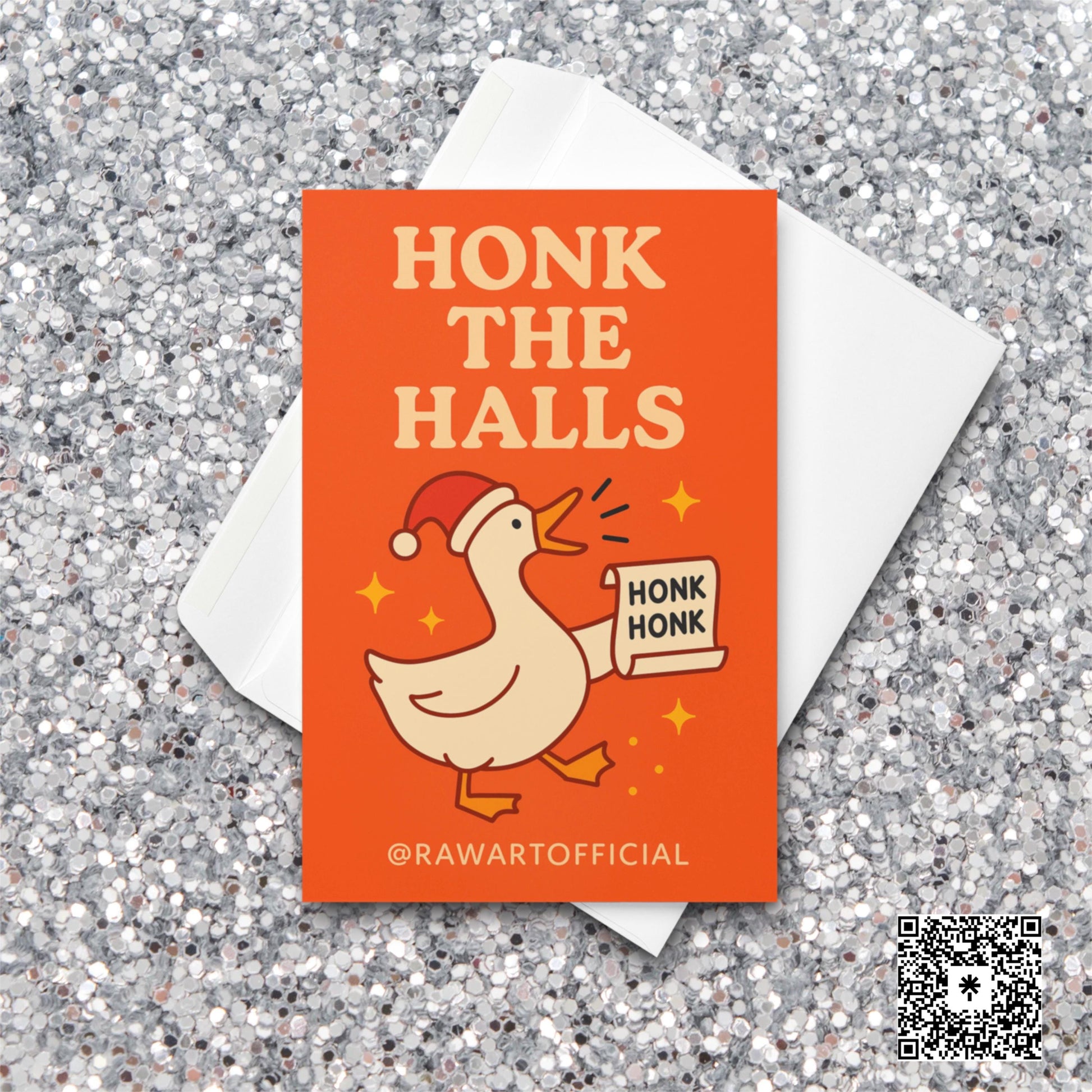 Cute goose wearing Santa hat holding a “Honk Honk” scroll with text “Honk the Halls.”