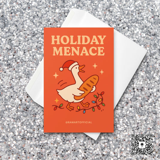 Cute goose in Santa hat holding bread with lights and sparkles on orange background, funny Xmas card