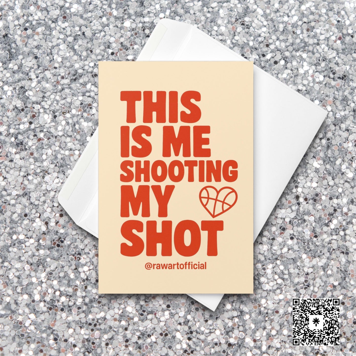 Text card reading “This Is Me Shooting My Shot” with heart basketball doodle on cream background