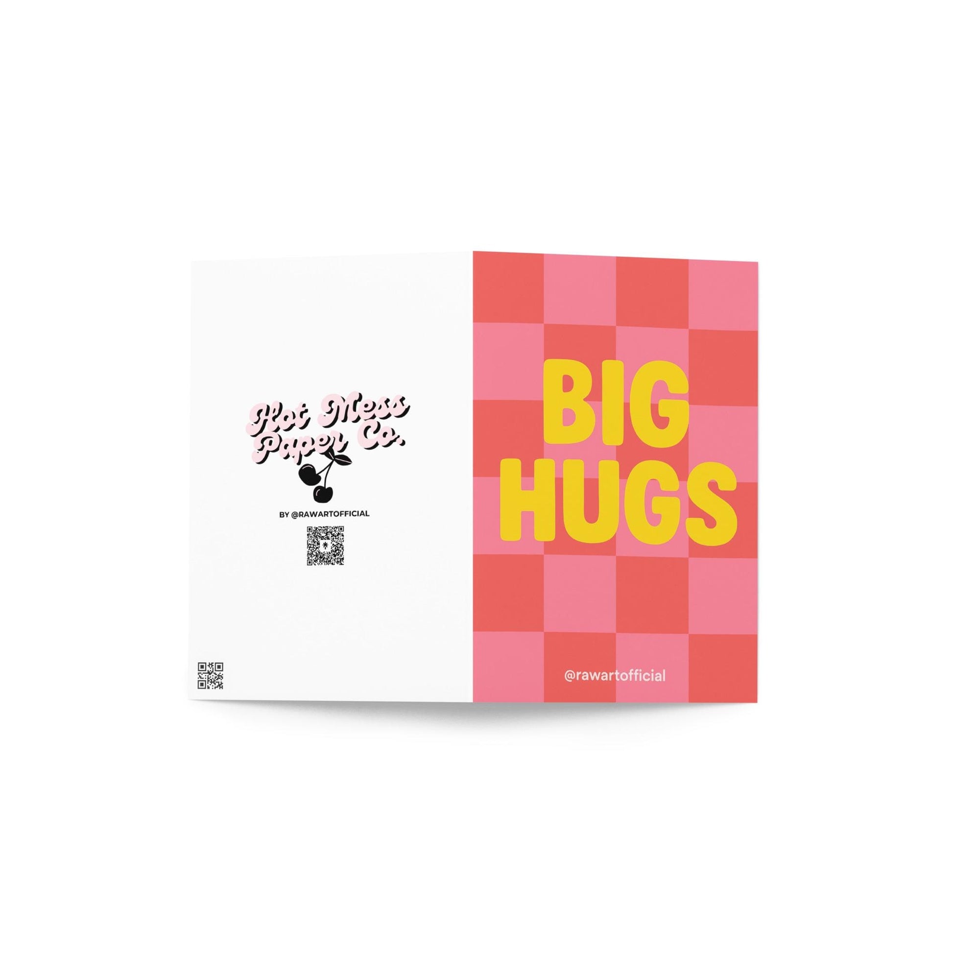 Pink and red checkered greeting card with bold yellow text that says “BIG HUGS.”