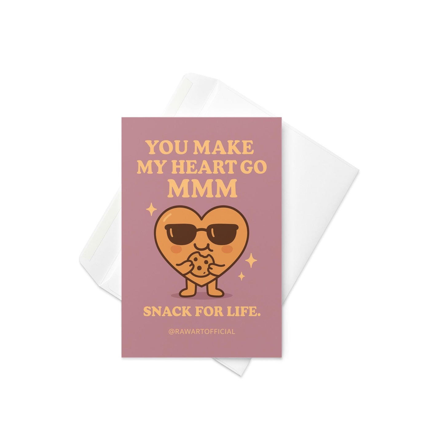 Cute heart in sunglasses eating a cookie with text “You make my heart go mmm.”