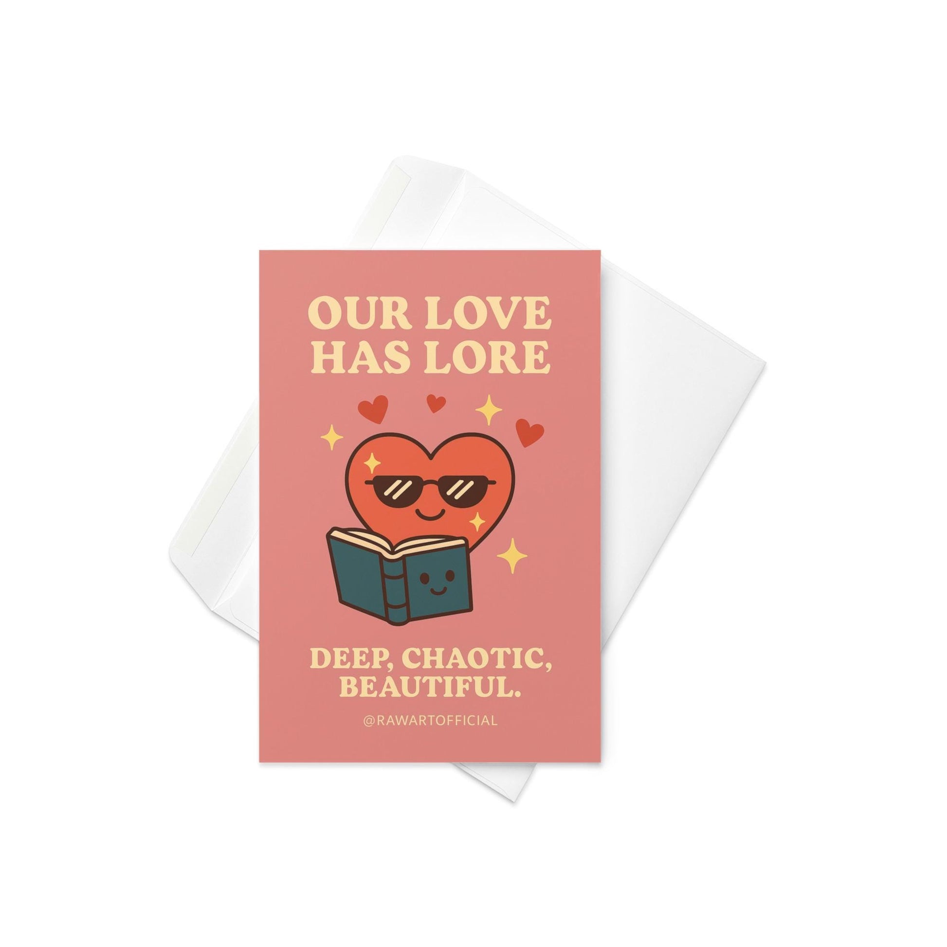 Cute heart reading a book with romantic “Our Love Has Lore” message on pink background.