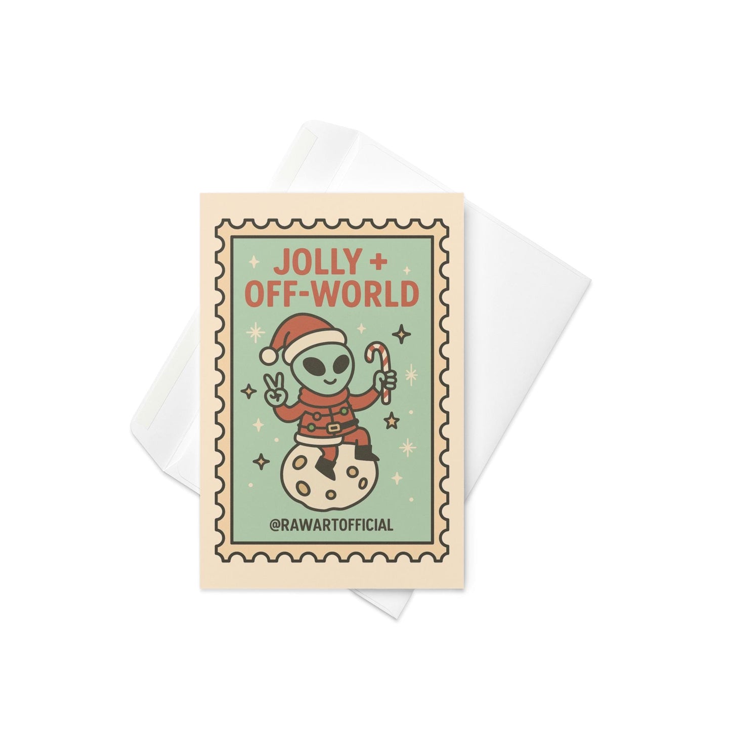 Cute alien Santa Christmas card sitting on moon with candy cane in retro stamp style.