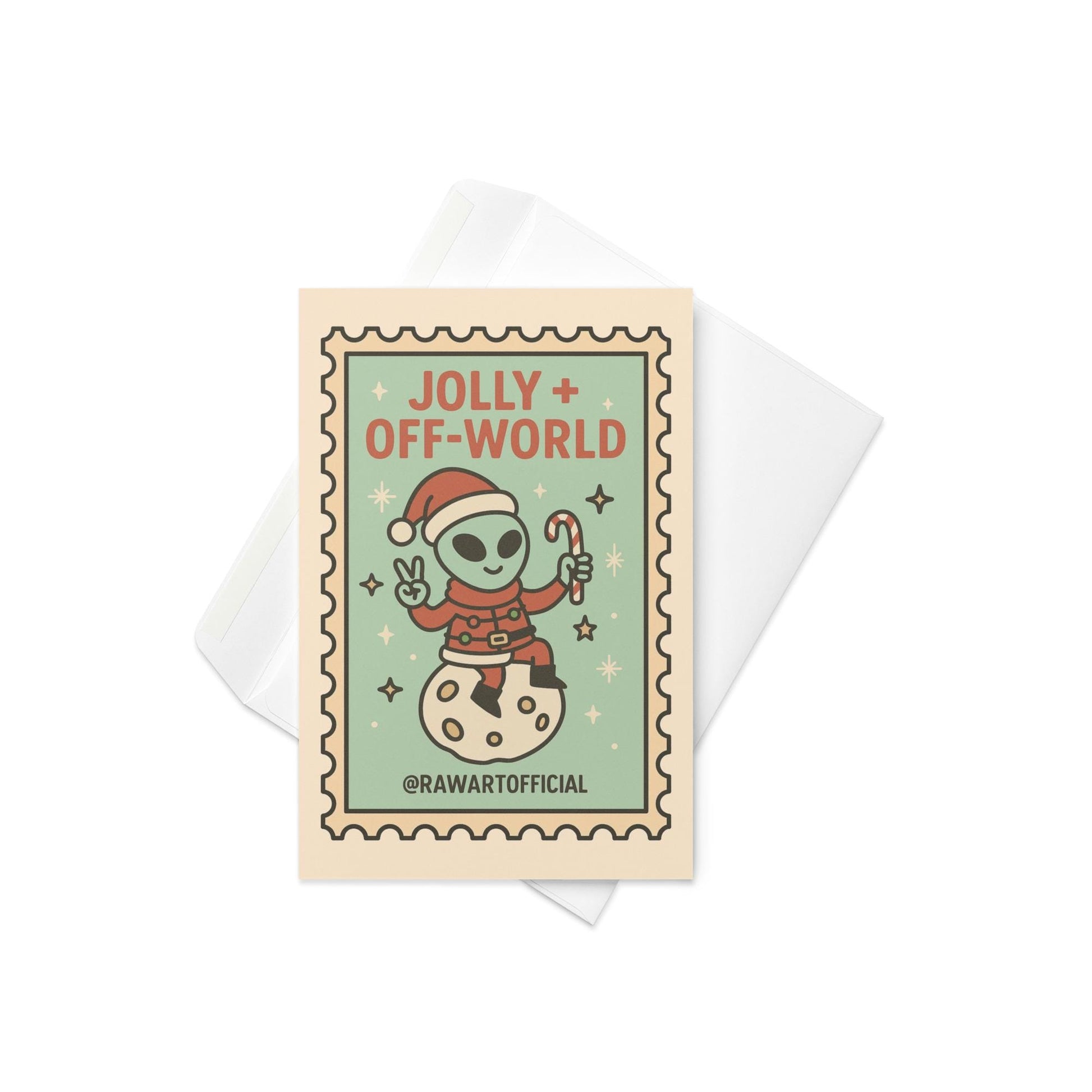 Cute alien Santa Christmas card sitting on moon with candy cane in retro stamp style.
