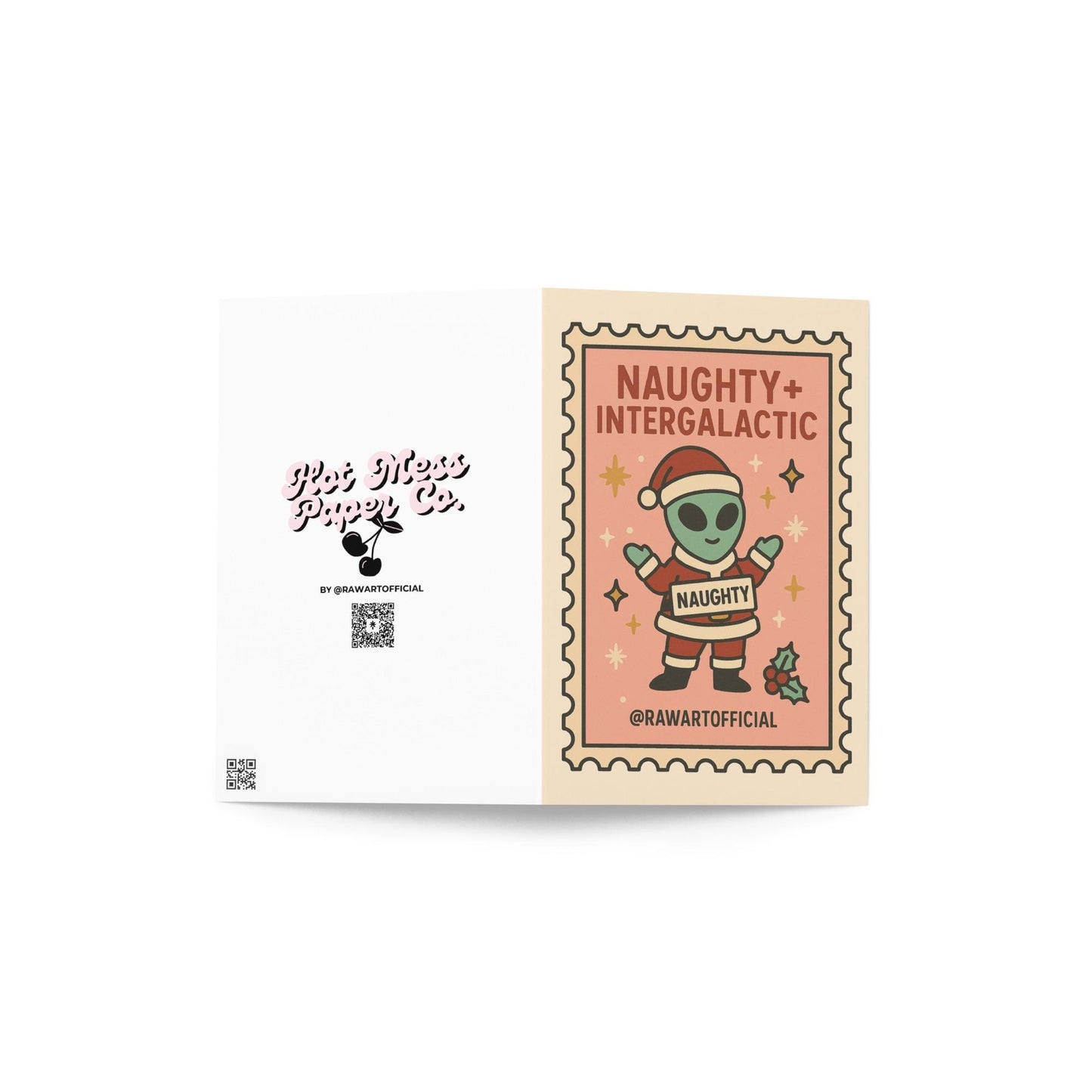 Funny alien in Santa suit holding naughty sign, pink retro Christmas card stamp style.