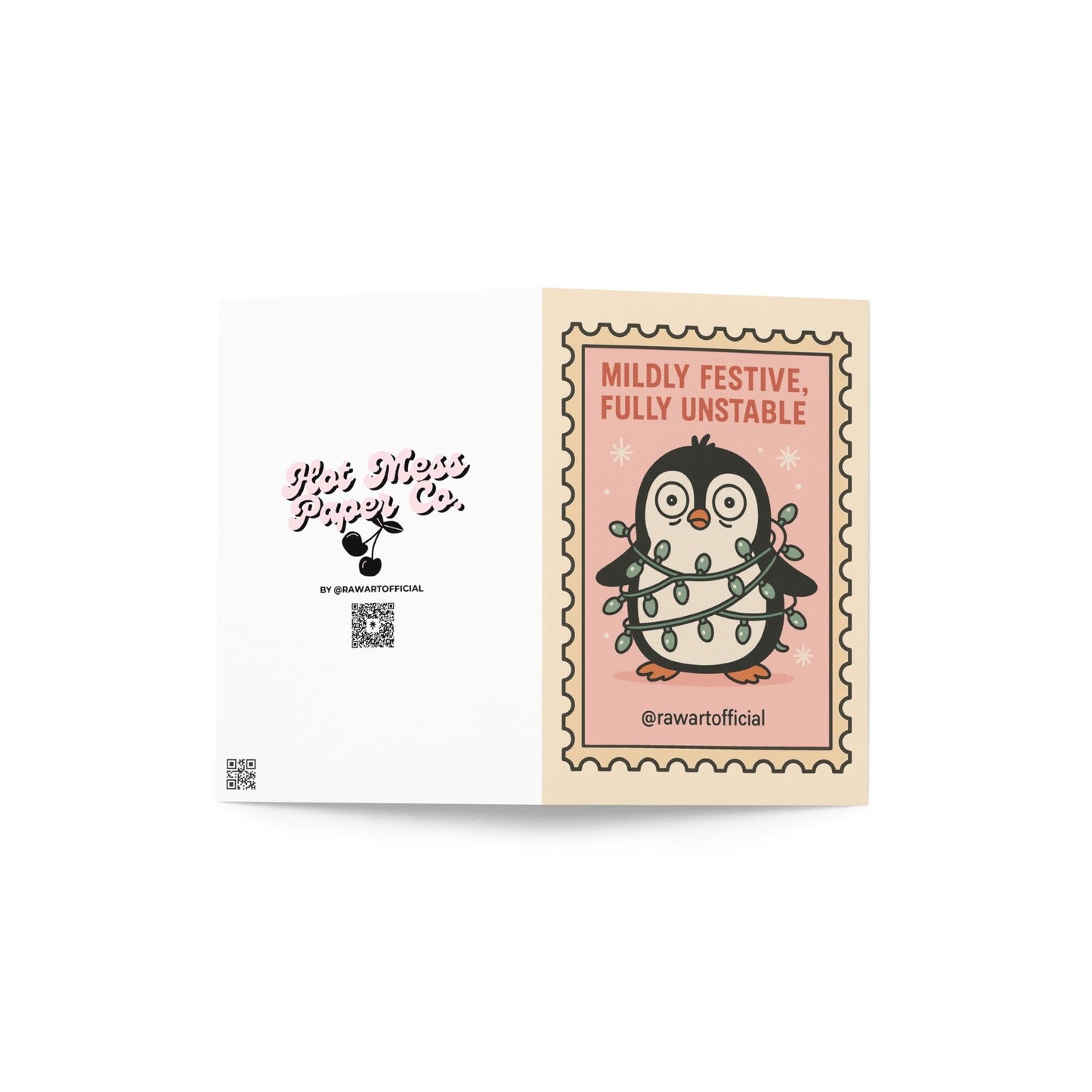 Funny penguin tangled in holiday lights on pink retro Christmas card stamp.