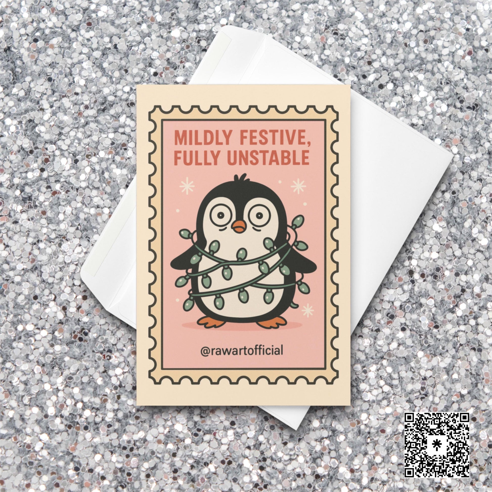 Funny penguin tangled in holiday lights on pink retro Christmas card stamp.