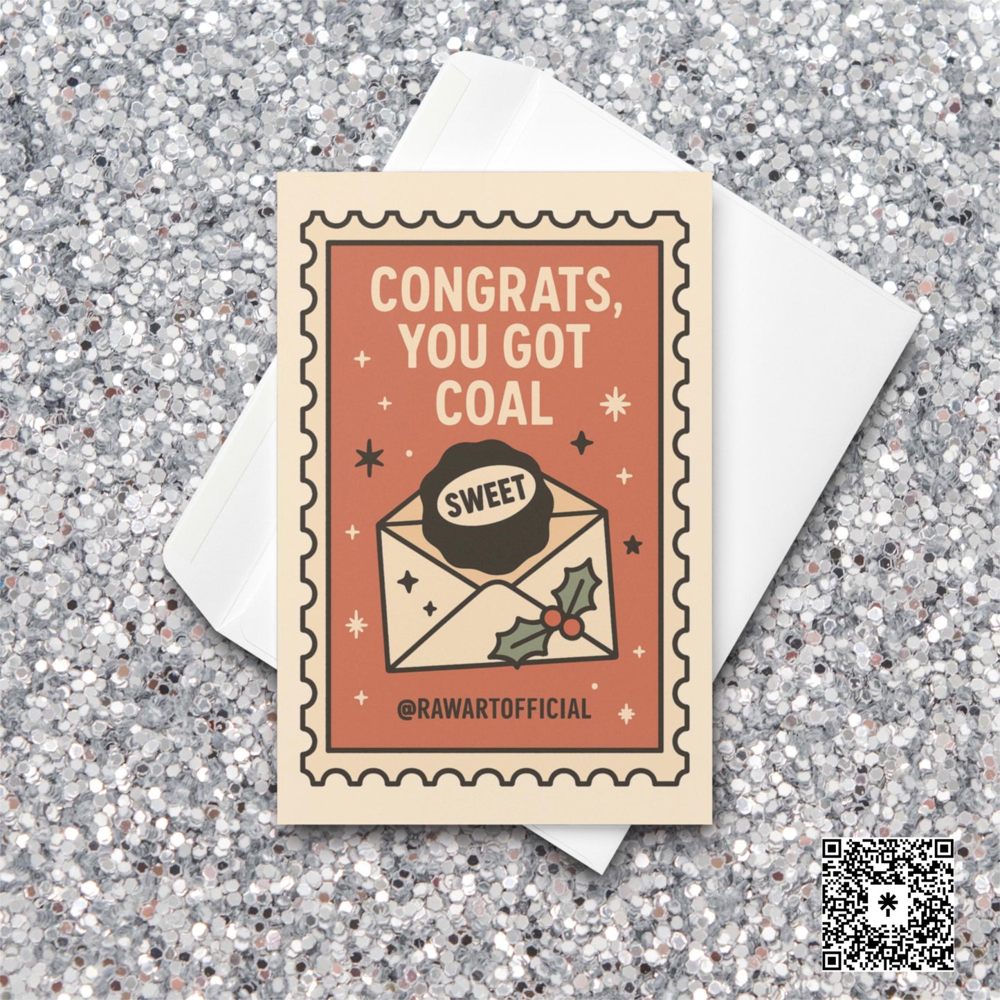 Funny Christmas card with coal in envelope and retro stamp style.