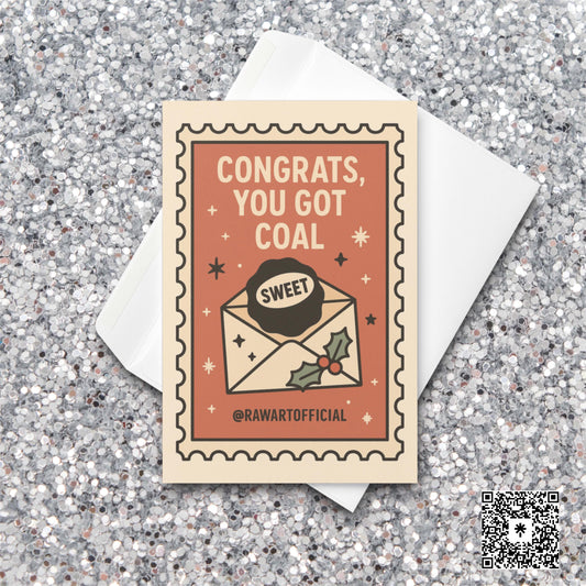 Funny Christmas card with coal in envelope and retro stamp style.