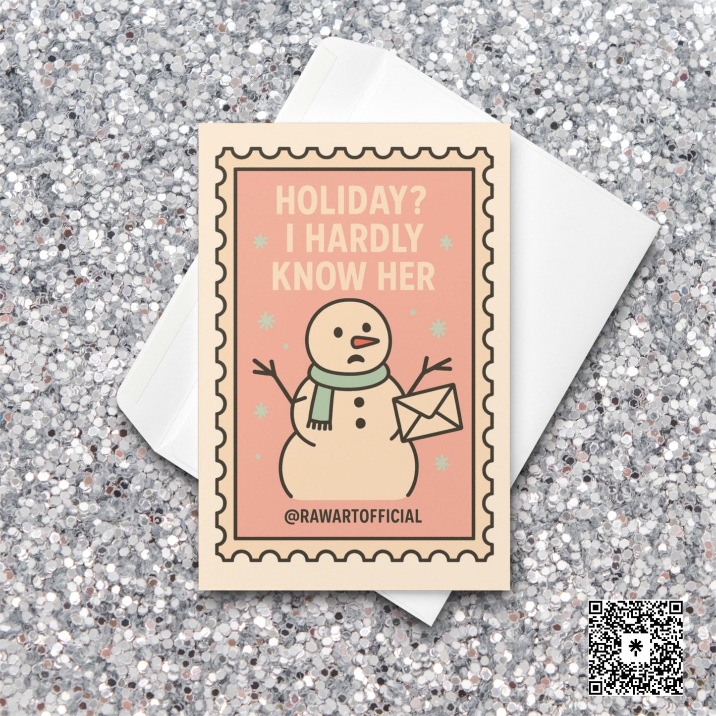 Funny snowman holding envelope on pink retro Christmas stamp card.
