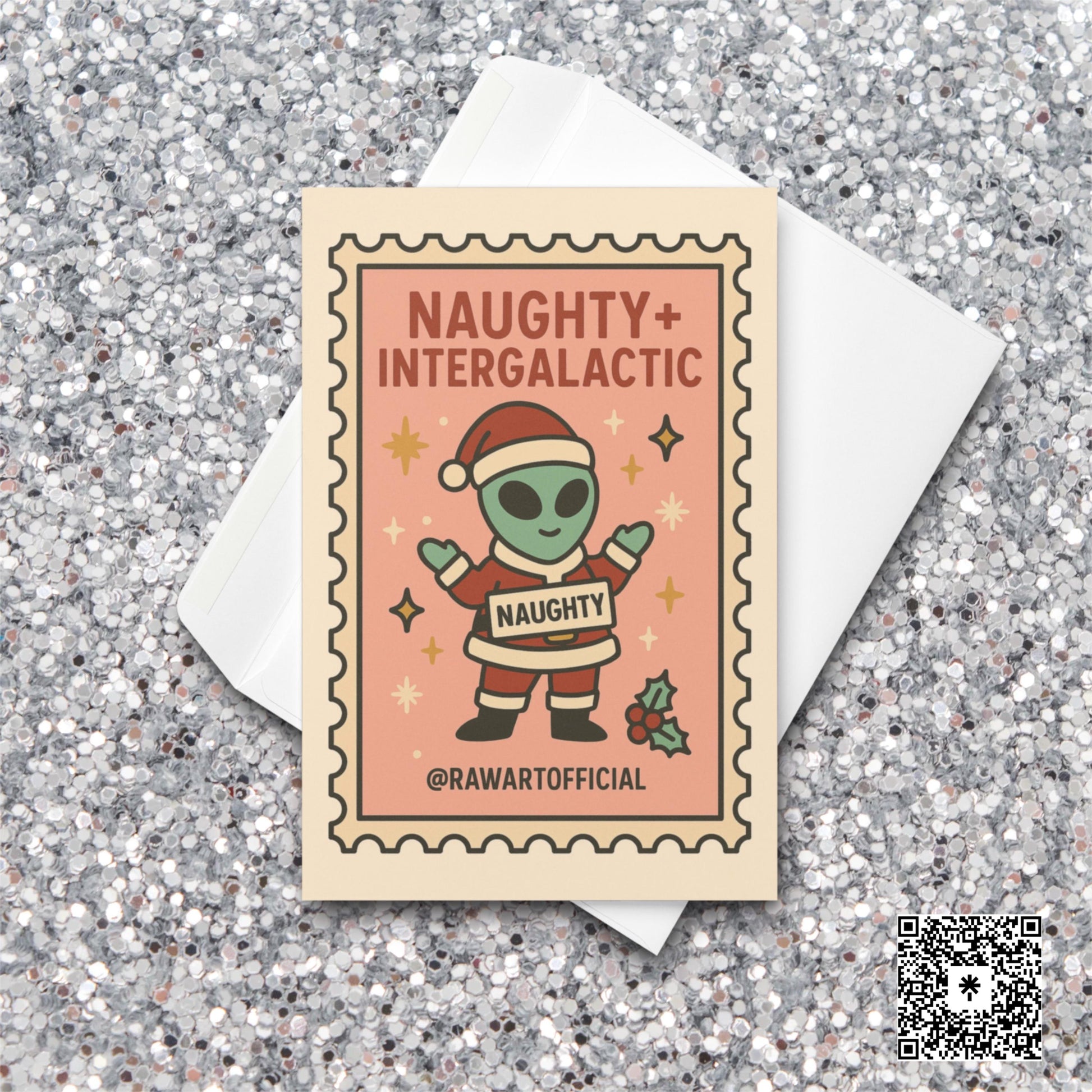 Funny alien in Santa suit holding naughty sign, pink retro Christmas card stamp style.