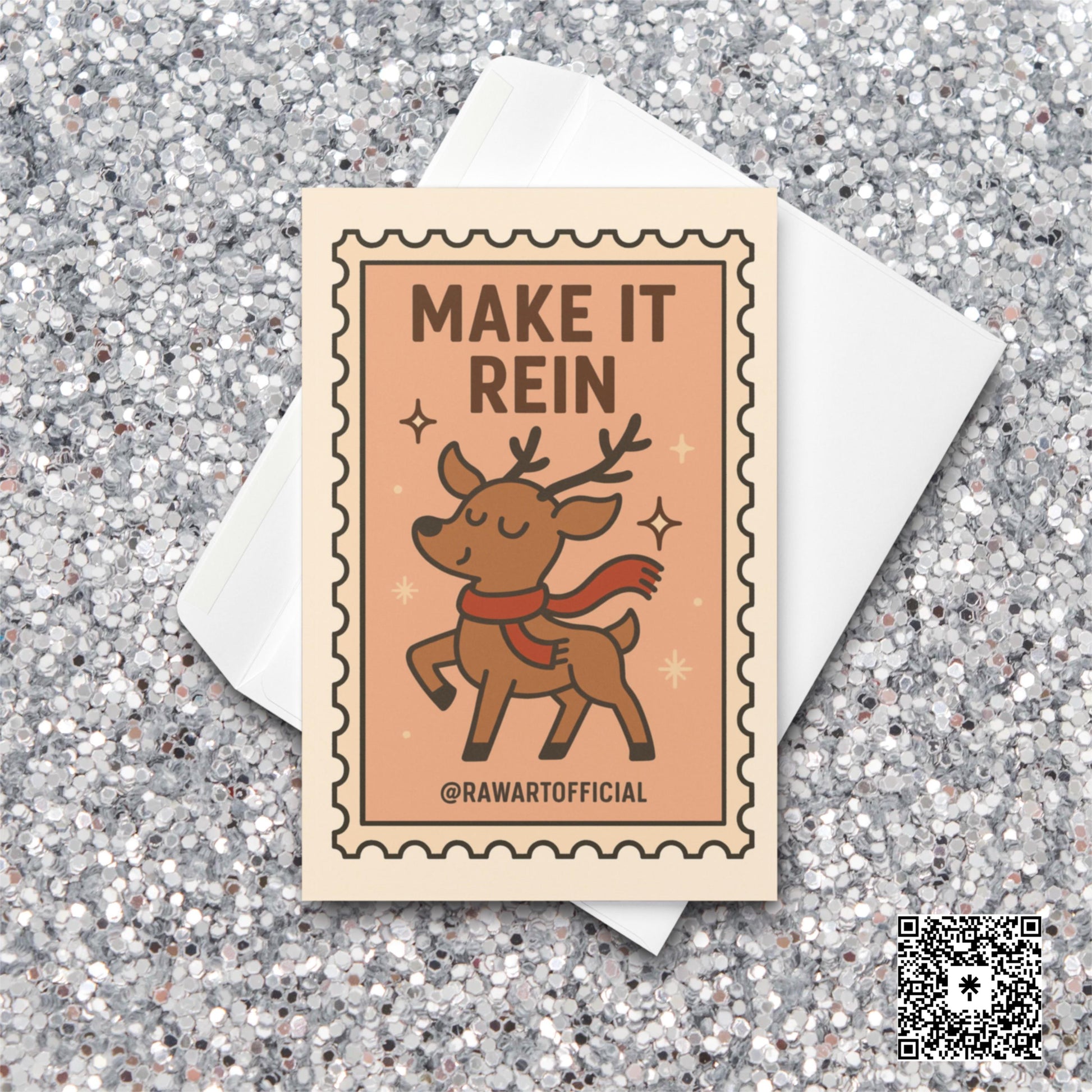 Cute prancing reindeer Christmas card with retro stamp style.