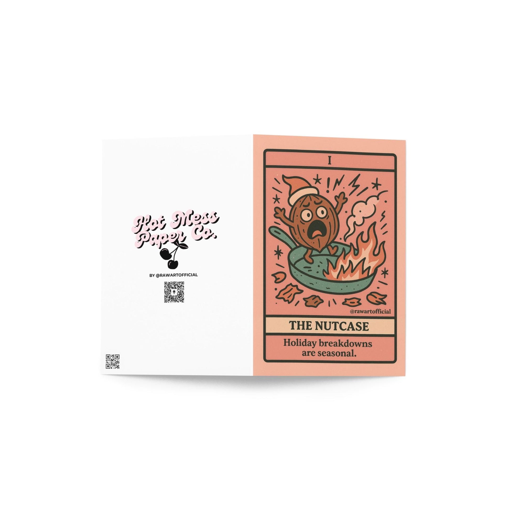 Funny tarot-style Christmas card with walnut panicking in flaming skillet.