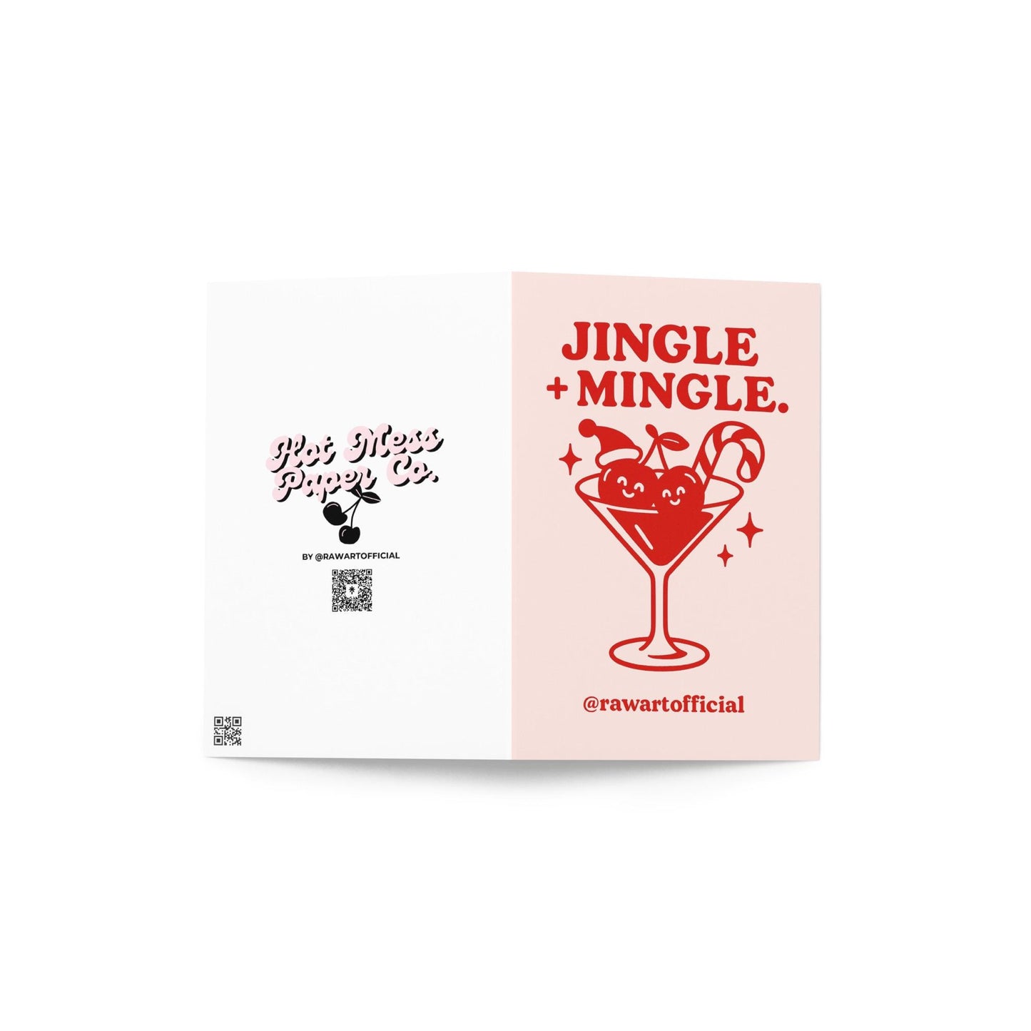 Retro Christmas cocktail card with smiling cherries and candy cane.