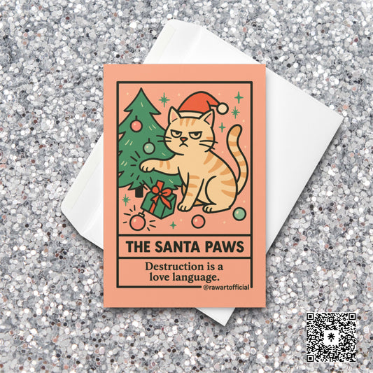 Funny tarot-style Christmas card with grumpy cat knocking gifts under tree.