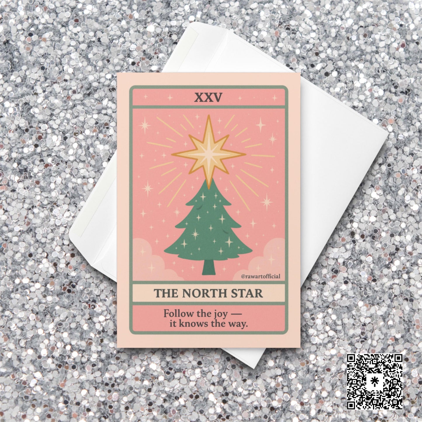 Retro tarot-style Christmas card with glowing North Star above holiday tree.