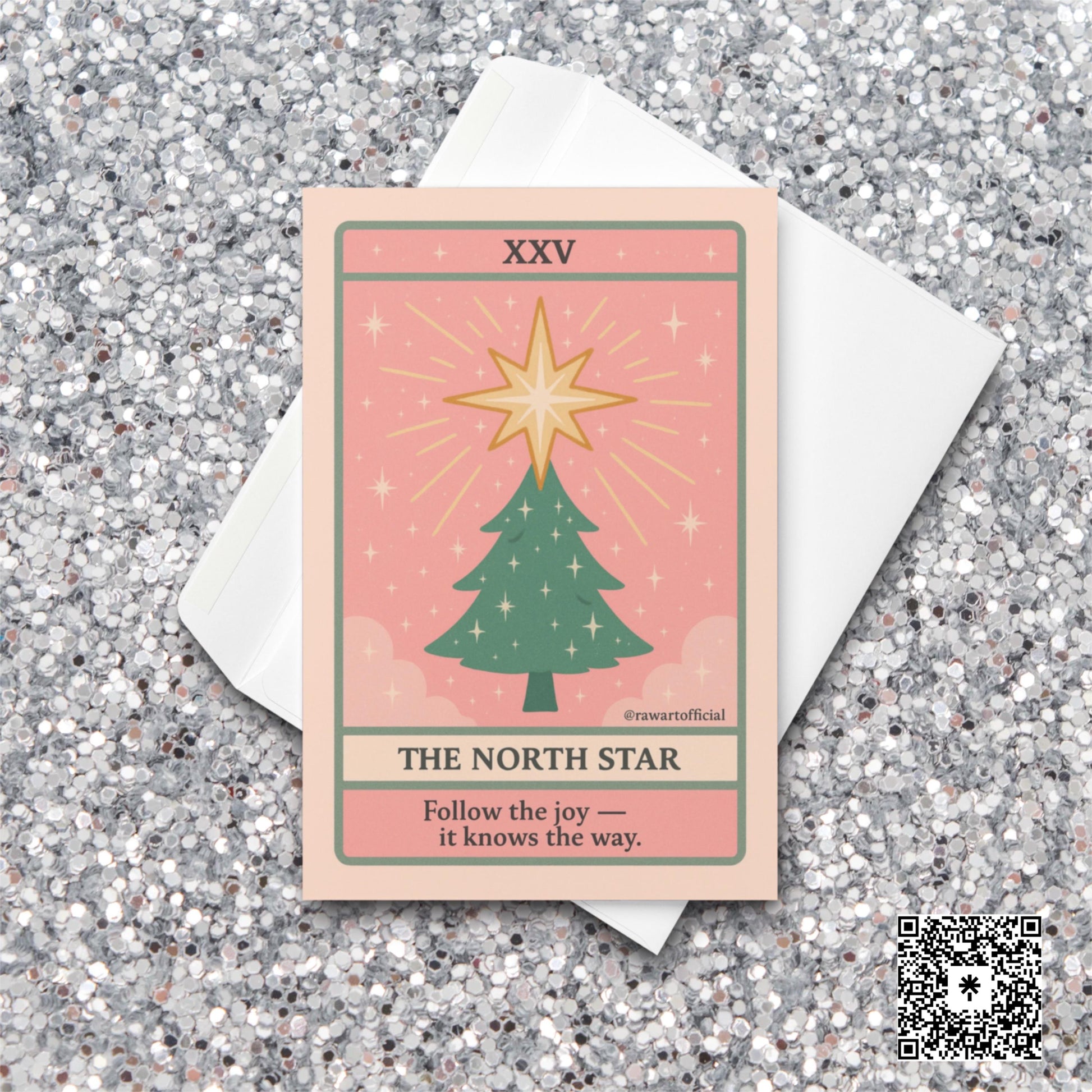 Retro tarot-style Christmas card with glowing North Star above holiday tree.
