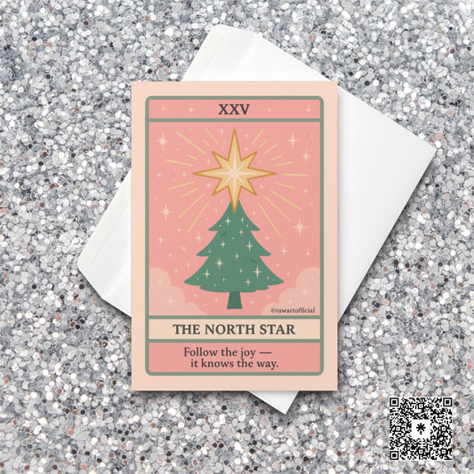 Retro tarot-style Christmas card with glowing North Star above holiday tree.