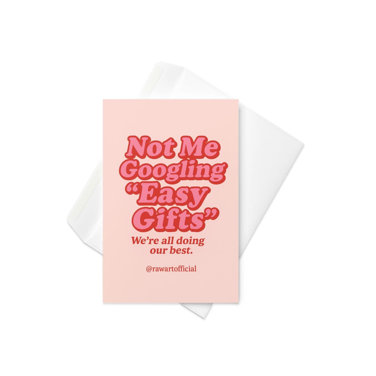Pink and red retro Christmas card with text “Not Me Googling Easy Gifts – We’re all doing our best.”