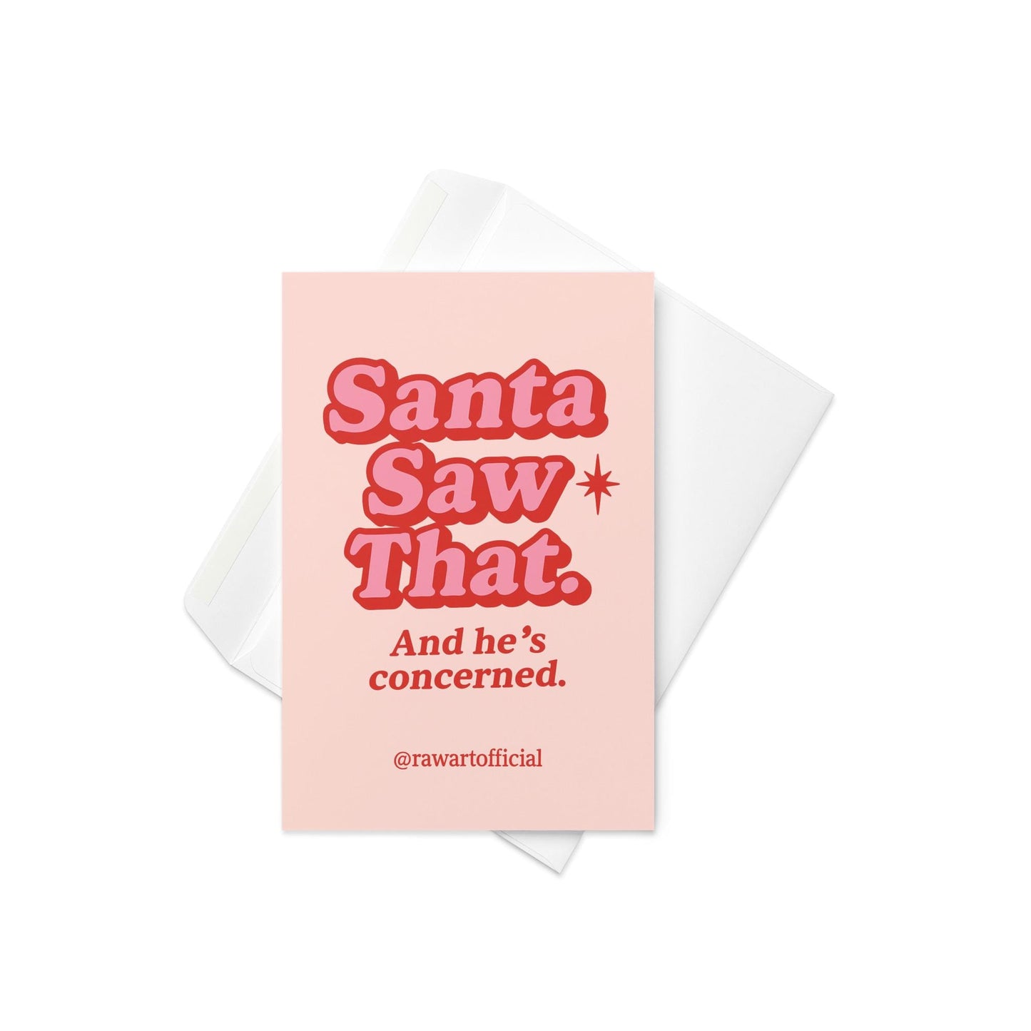 Pink and red retro card with text “Santa Saw That – And he’s concerned.”