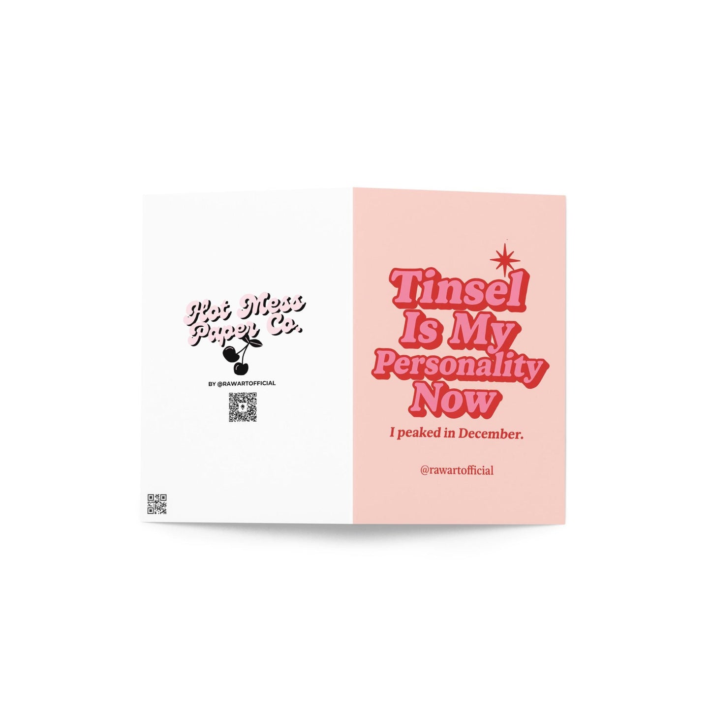 Pink card with red and pink bubble text reading “Tinsel Is My Personality Now” retro holiday design.
