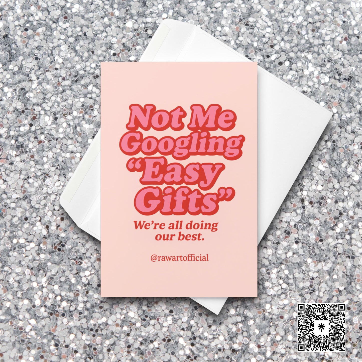 Pink and red retro Christmas card with text “Not Me Googling Easy Gifts – We’re all doing our best.”
