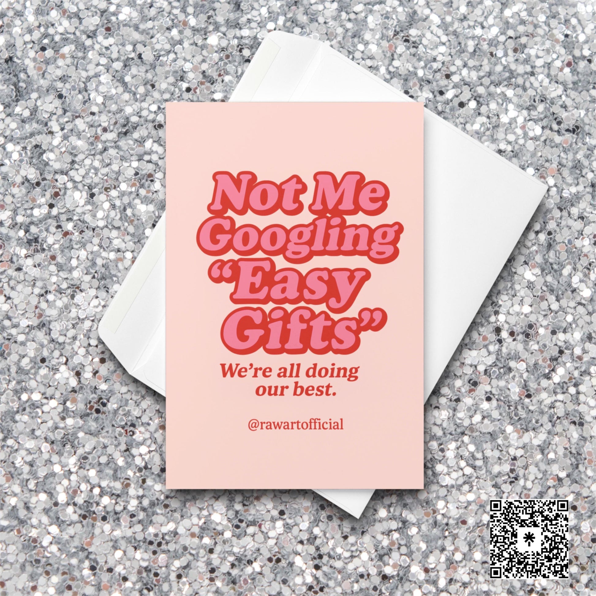 Pink and red retro Christmas card with text “Not Me Googling Easy Gifts – We’re all doing our best.”
