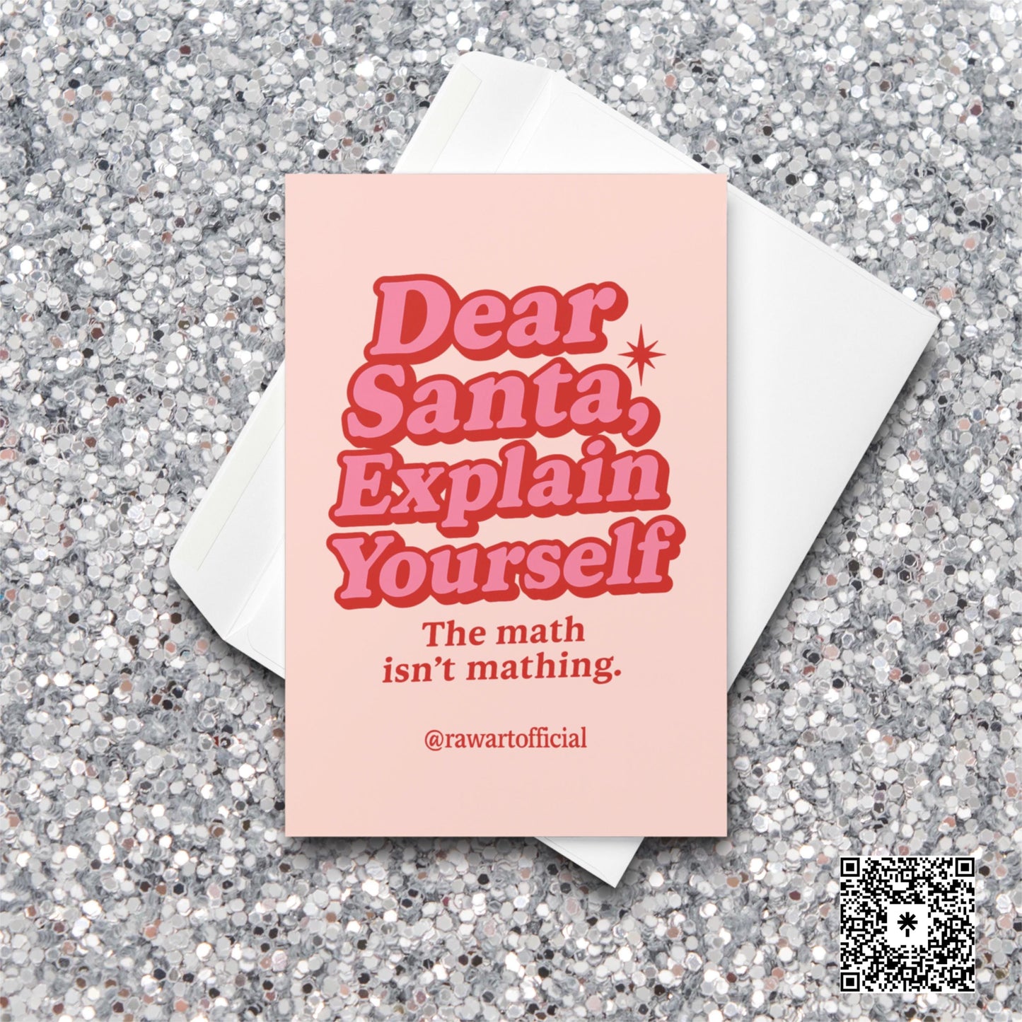 Pink and red retro card with text “Dear Santa, Explain Yourself – The math isn’t mathing.”