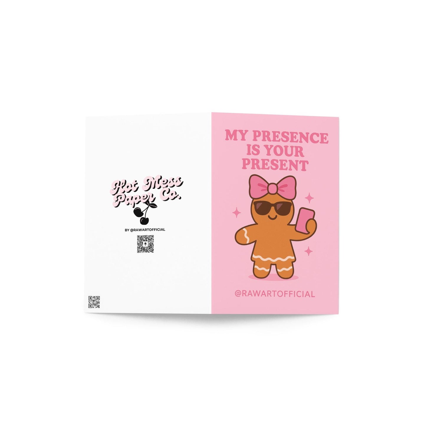 Sassy pink gingerbread Christmas card with sunglasses and bow in retro style.