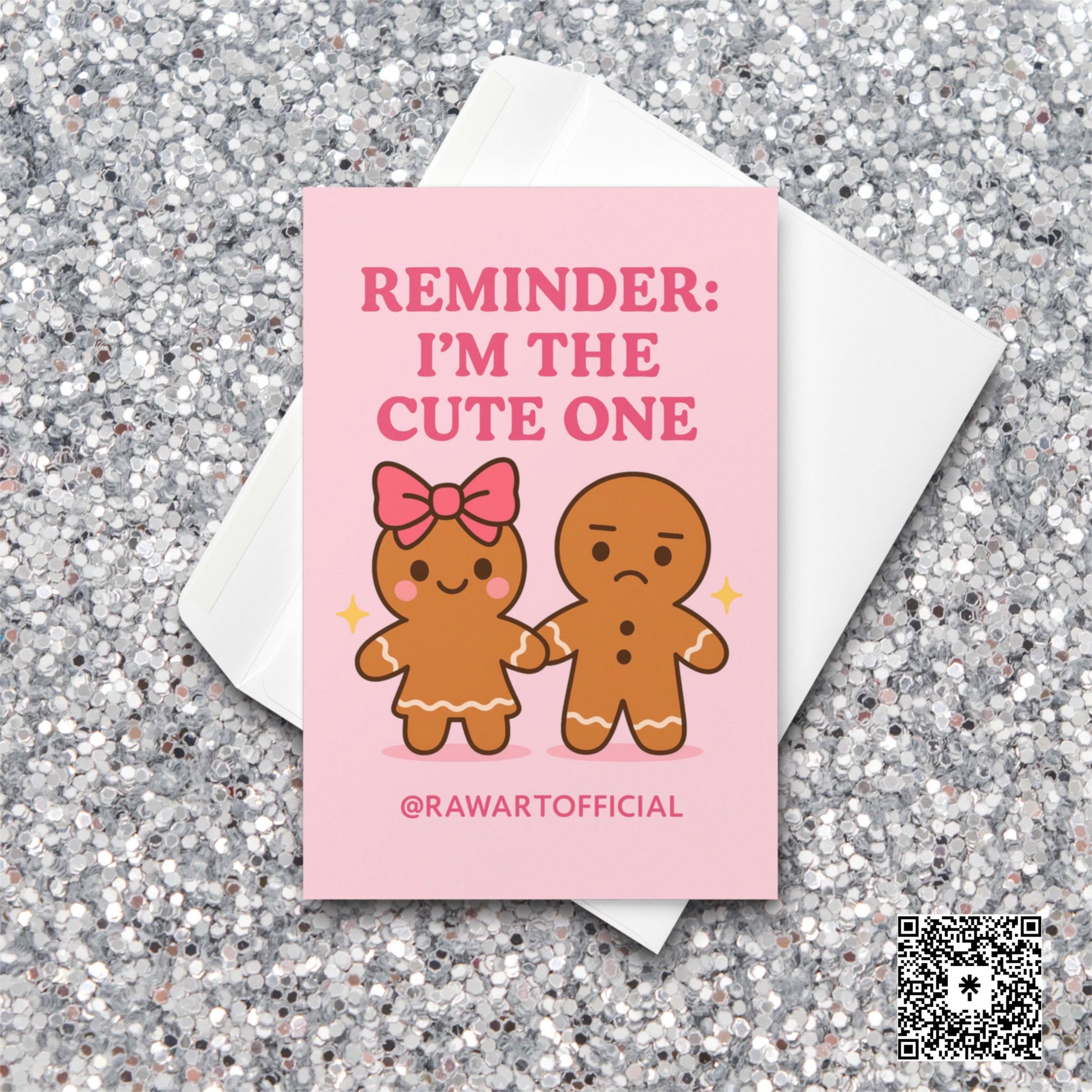 Pink gingerbread sibling Christmas card; cute bow character and annoyed sibling.