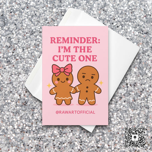Pink gingerbread sibling Christmas card; cute bow character and annoyed sibling.