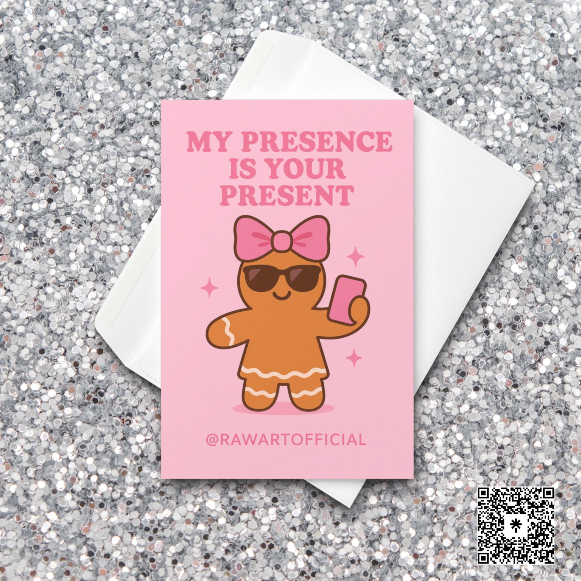 Sassy pink gingerbread Christmas card with sunglasses and bow in retro style.