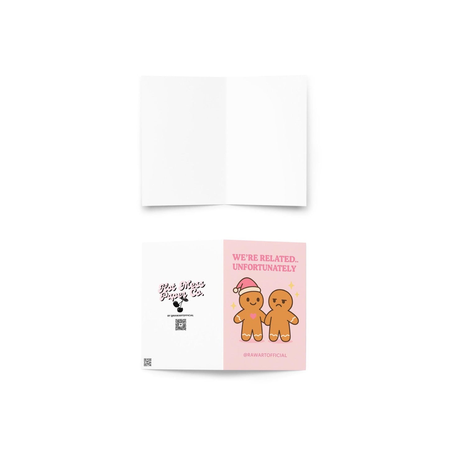 Pink gingerbread sibling Christmas card with one smiling and one annoyed.